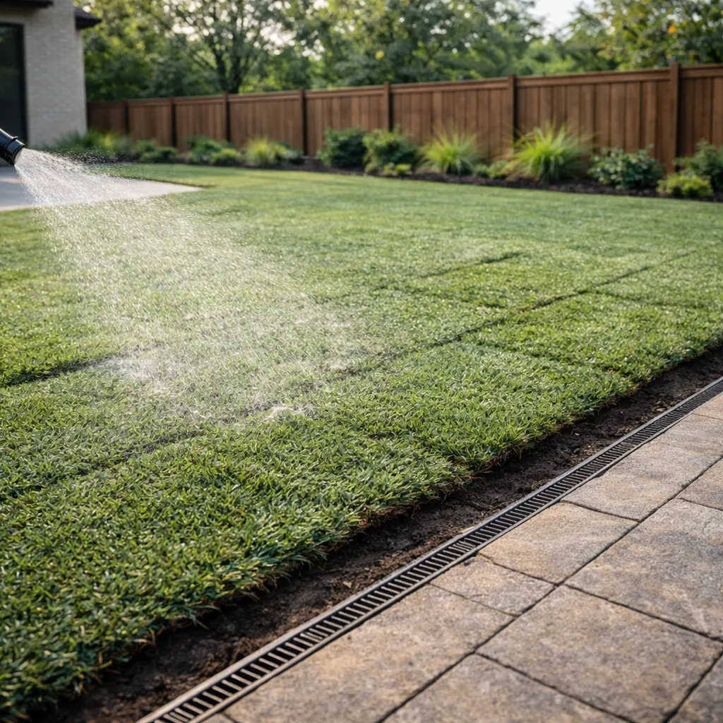 Newly laid sod being deeply watered in a Plano, Texas backyard with visible seams settling in and even spray coverage for summer establishment.